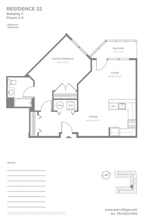 Floor plan for 1 bed, 1 bath, 815 sqft